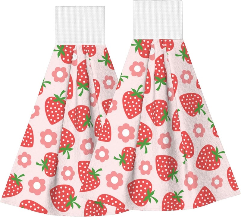 PDDCWAY Cute Red Strawberry Kitchen Hand Towels Spring Pink Flowers Hand Tie Towels Set of 2 PCS Dish Towels with Loops Tea Bar Dish Cloths Towel for Bathroom Home - Image 1